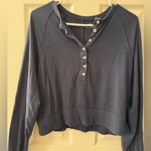 aerie Navy Button-Front Henley Sweatshirt Top